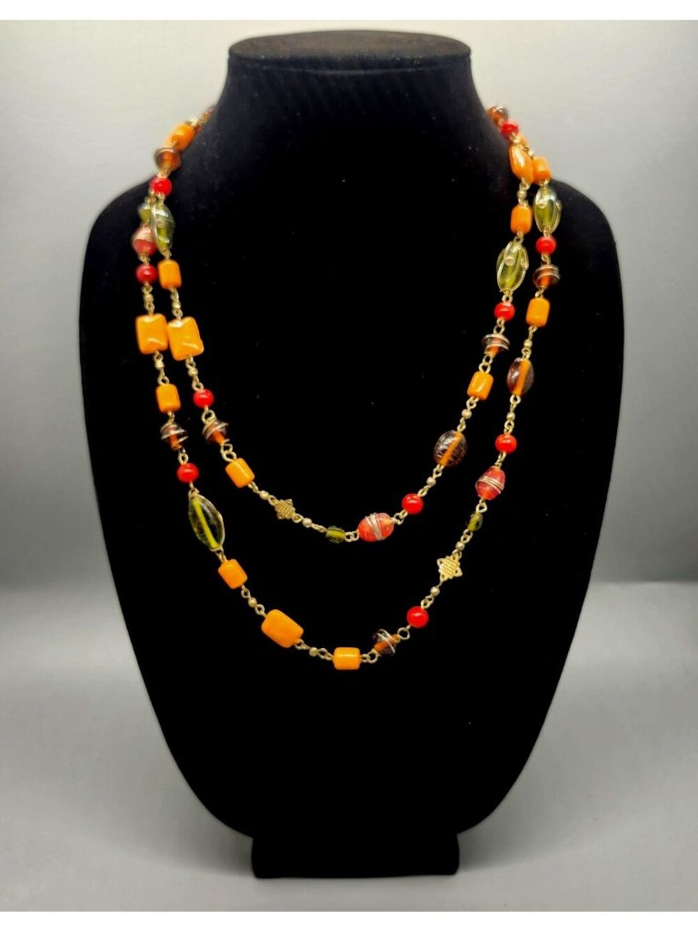 Multi-Color Beaded Necklace With Glass & Resin Beads Gold-Tone Chain Boho Long L
